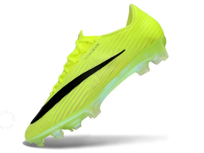 Transparent Neon Green Long Stud Wear-Resistant Outsole Vertical Stripe Flyknit Breathable Low Cut Soccer Cleats, Black Accent Bright Color Professional Grass Training Boots For Men Women Anti-Slip Speed Boost Match Footwear