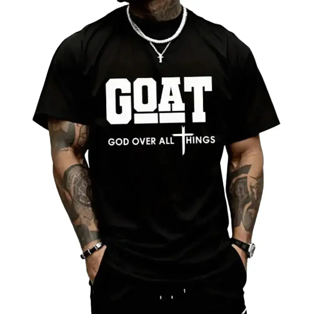 Men's 100% Cotton Short-Sleeve GOAT ("God Over All") Graphic Sport T-Shirt, Trendy Christian Faith Urban Street-Style Casual Top