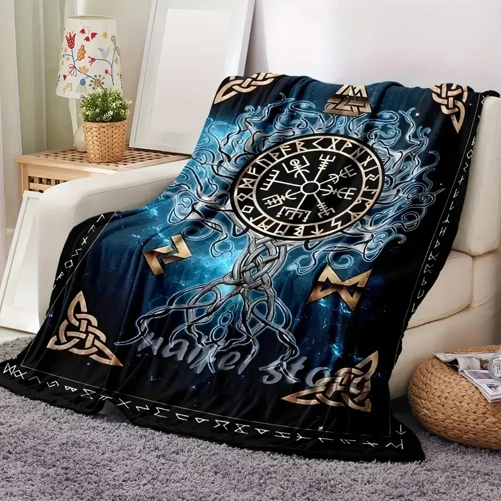 VIKAMA Classic Viking Compass Nordic Rune Flannel Throw Blanket - Ultra Soft Cozy Lightweight Cover, Celtic Knot Mythology Art Decor for Living Spaces, Couch & Bed, Ideal Gift for History Lovers, Portable for Travel & Napping