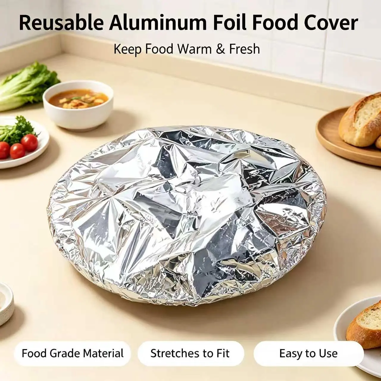 Eco-Friendly Reusable Food-Grade Aluminum Foil Covers, Stretchable Bug-Dust Barrier, Heat-Insulated Microwave-Safe Kitchen Fixture Accessories