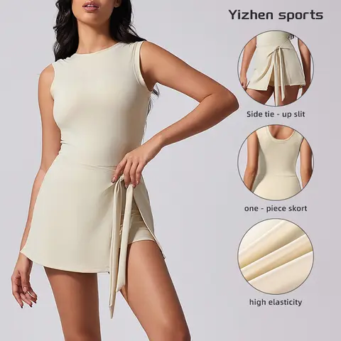 Yizhen Sports Women's Fitted Sleeveless Elastane Athletic Romper Dress - Rompers for Women, Golf Skirts, Scoop Neck, Wrap Design, Built-in Shorts, Tie Front, High Stretch, Side Tie-Up Slit, Anti-Chafe, Non-See-Through, Sweat-Wicking Tennis Attire