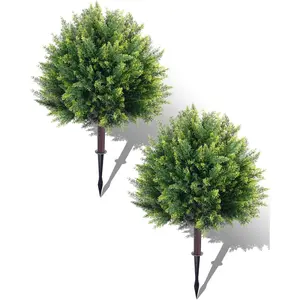 24.8'' Artificial Cedar Topiary with Spikes, 2 Pack UV Resistant Fake Pine Cypress Shrubs Plants Faux Tree for Planter Entryway Greenery Front Porch Indoor