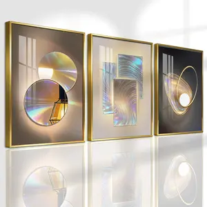 3 Counts Aluminum Alloy Framed Painting, Gradient Iridescent Abstract Light Art Pictures, Home Decoration For Living Room, Bedroom, Office, Restaurant, Hallway Wall Decor, Odorless Print Artwork, Luxury Perfect Gift For Friends And Family