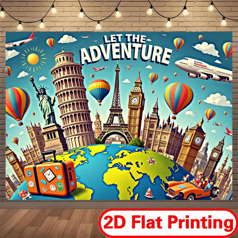 Festive Colorful Summer Backdrop Tapestry, 2D Vibrant Landmarks & Hot Balloons Print, 100% Polyester Smooth Surface, Decoration for Weddings, Rooms