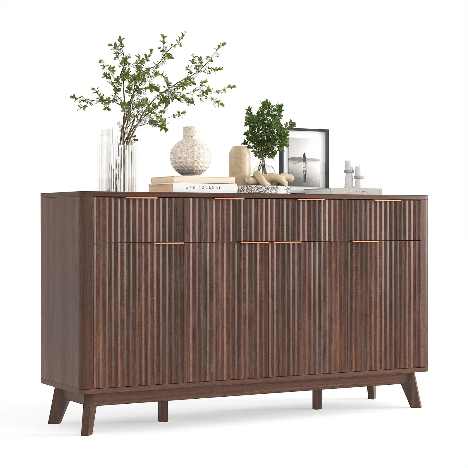 60″ Large Farmhouse Sideboard Buffet Cabinet w/Storage Drawers & Adjustable Shelves Oak Wood Fluted Buffet Storage Cabinet & Coffee Bar Console Table for Living Room & Kitchen Dining Room