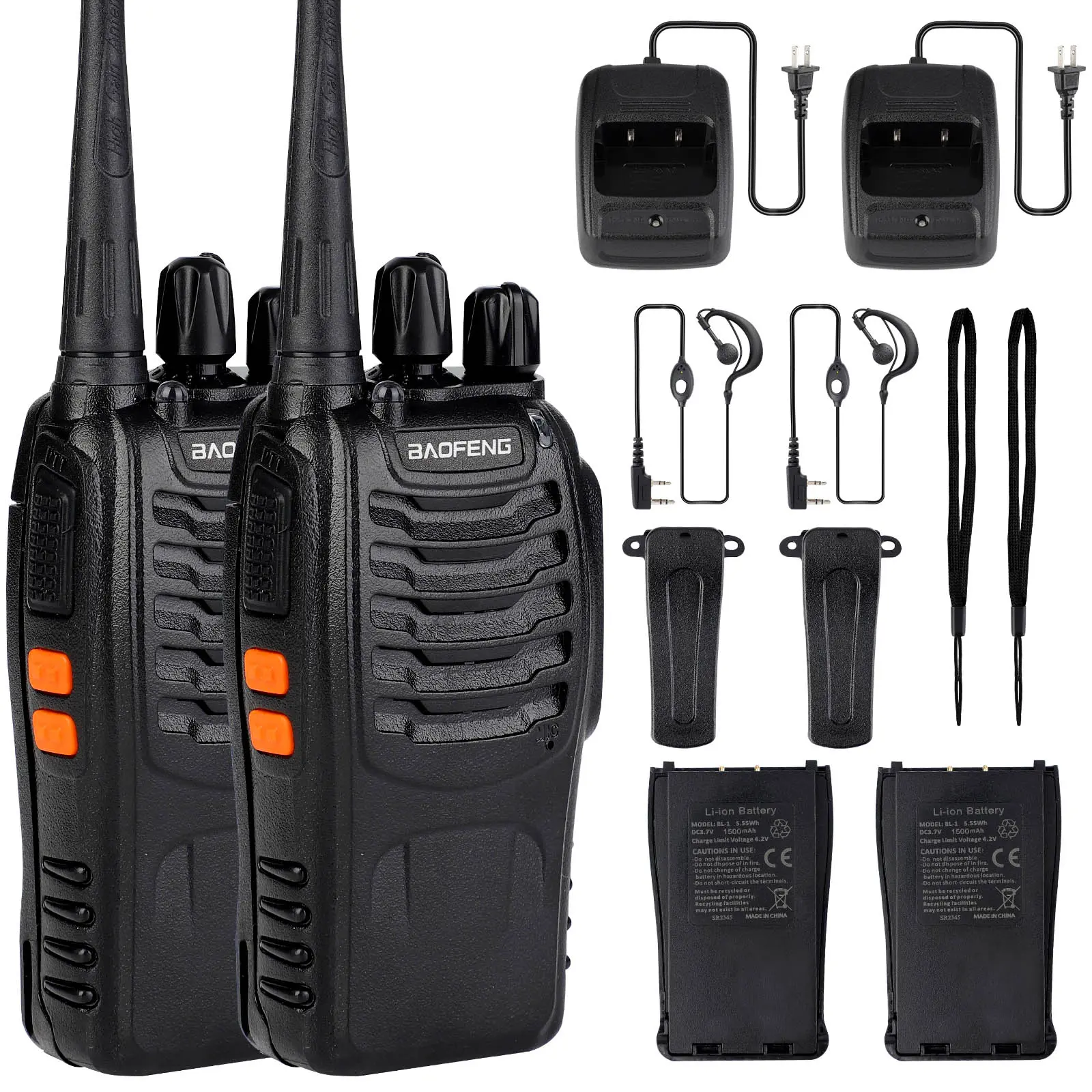 Baofeng 888S Walkie talkies 1-3 km Long-Distance 2-Way Communication, Rechargeable Lithium Battery, 16 Channels, Light Function, Adult Earpiece, Handheld Mini Compact Design, Suitable for Home, Warehouse(Set of 2)