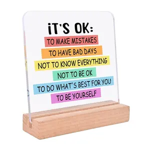It's Ok To Be Yourself Desk Acrylic Decor with Wooden Stand, Colorful Motivational Sign, Acrylic Plaque Sign, Desk Decor for Home Living Room Table Party
