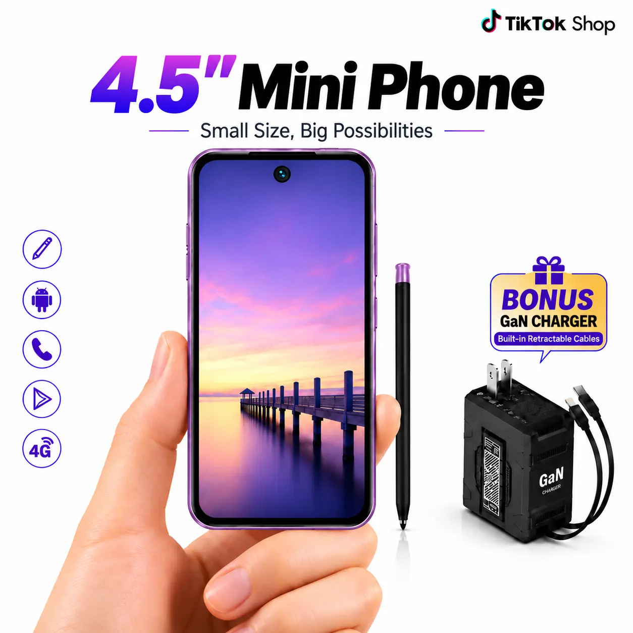 4.5" Mini Smartphone, Pocket Size 4G Android Phone with Built-in Pull-Out Stylus, 64GB Storage, Compact Small Phone for Everyday Carry, Travel & Gifting, Bonus GaN Charger