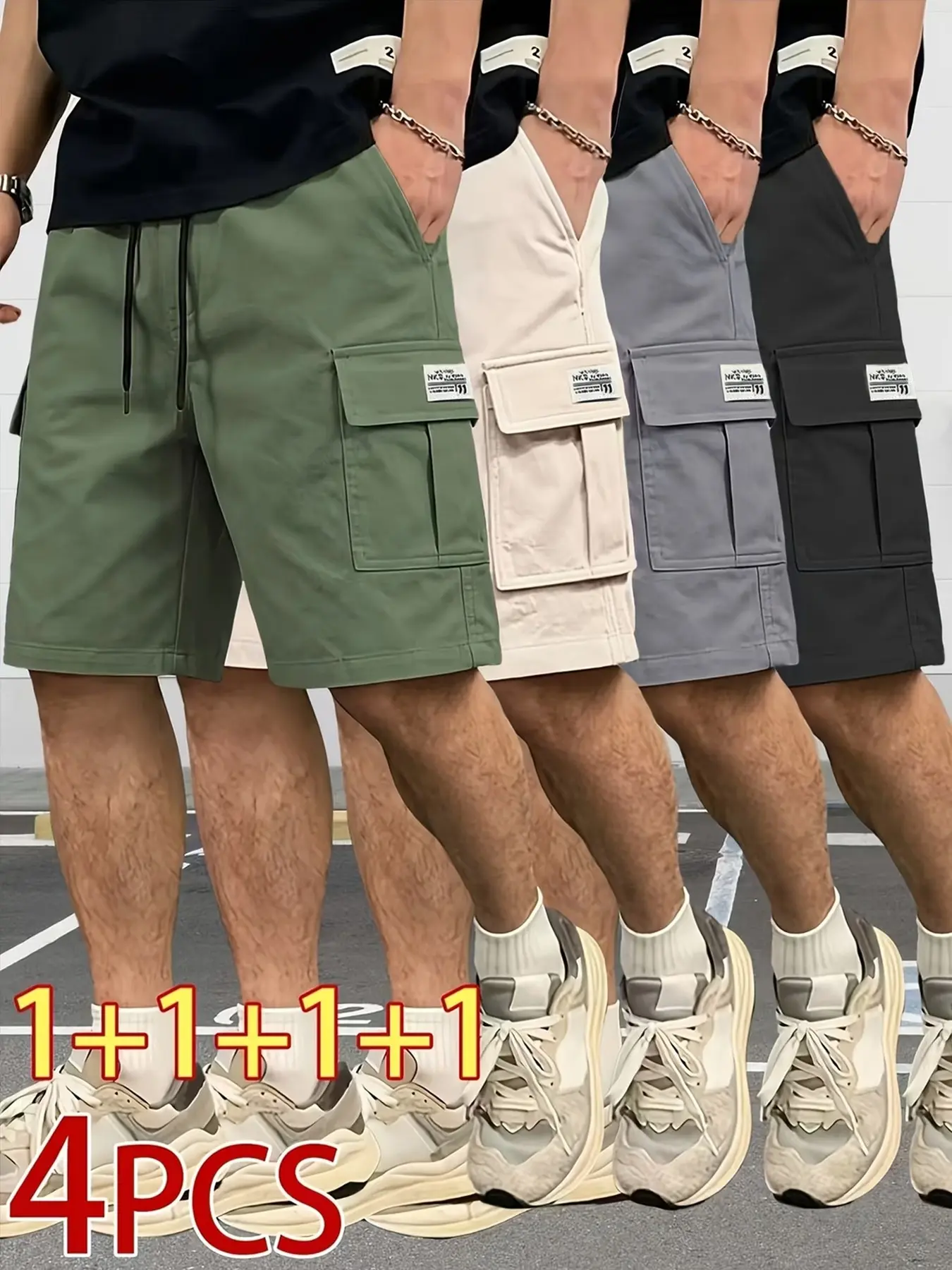 4-Pack Men's Fashion Shorts, Summer Thin Five-Quarter Pants, Youth Casual Beach Pants, Multi-Pocket Workwear, Loose-Fit Straight Leg, Outdoor