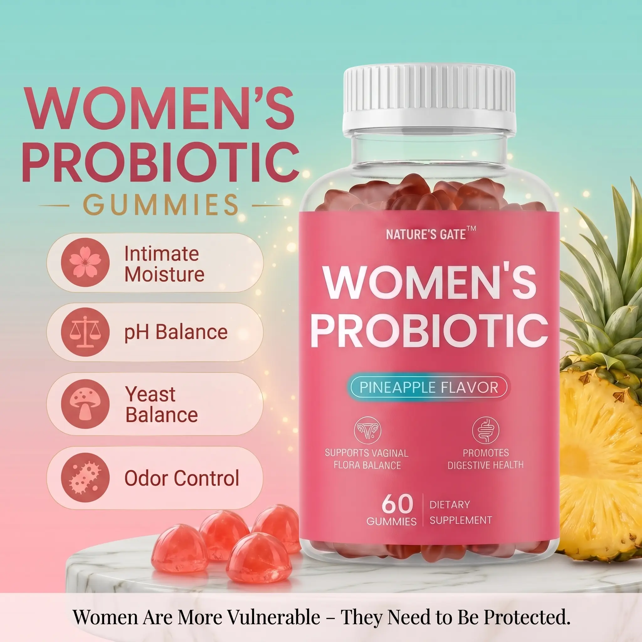 Nature's Gate Her Juicy Feminine Probiotic Gummies - 2-in-1 Supplement with Slippery Elm, Prebiotics, 4-Strain Lactobacillus Blend for Women’s pH Balance & Dryness | Edible Vitamin Healthcare Support