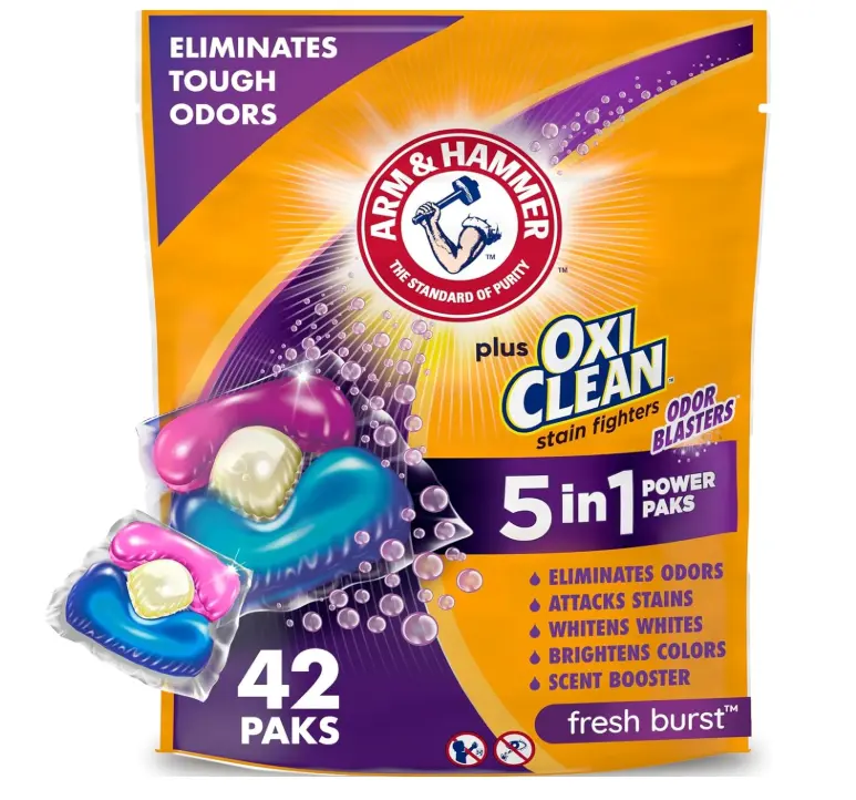 ARM & HAMMER Plus OxiClean Odor Blasters Laundry Detergent Pak, 42 Count | 5-in-1 Benefits, Eliminates Tough Odors, Attacks Tough Stains, Whitens & Brightens, Fresh Burst Scent