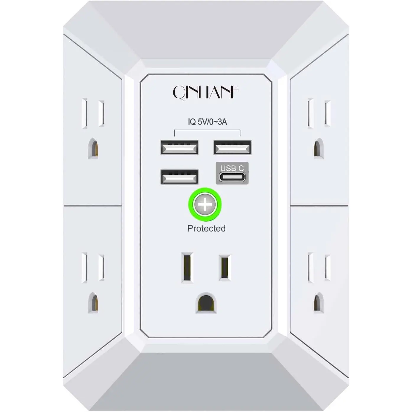 QINLIANF 5-Outlet 1680J Absorption Surge Protector with 4 USB Ports, 3-Sided Plug, Smart Charging, USB-C, Compact Travel Design, Wall Mount, 100-240VAC for Adults' Home & Office, Compatible with Kindle, Smart Charge