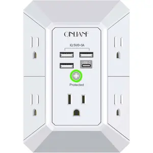 Wall Charger, Surge Protector, QINLIANF 5 Outlet Extender with 4 USB Charging Ports, 3-Sided 1680J Power Strip Multi Plug Adapter Spaced for Home Travel Office