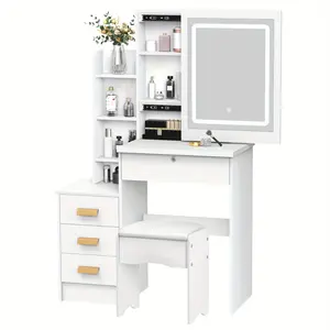 Vanity Table Dressing Table with Sliding Mirror and Light, Bedroom Dressing Table, Dressing Table with Drawers and Shelves, Hidden Storage 34"x15.75"x53.15"