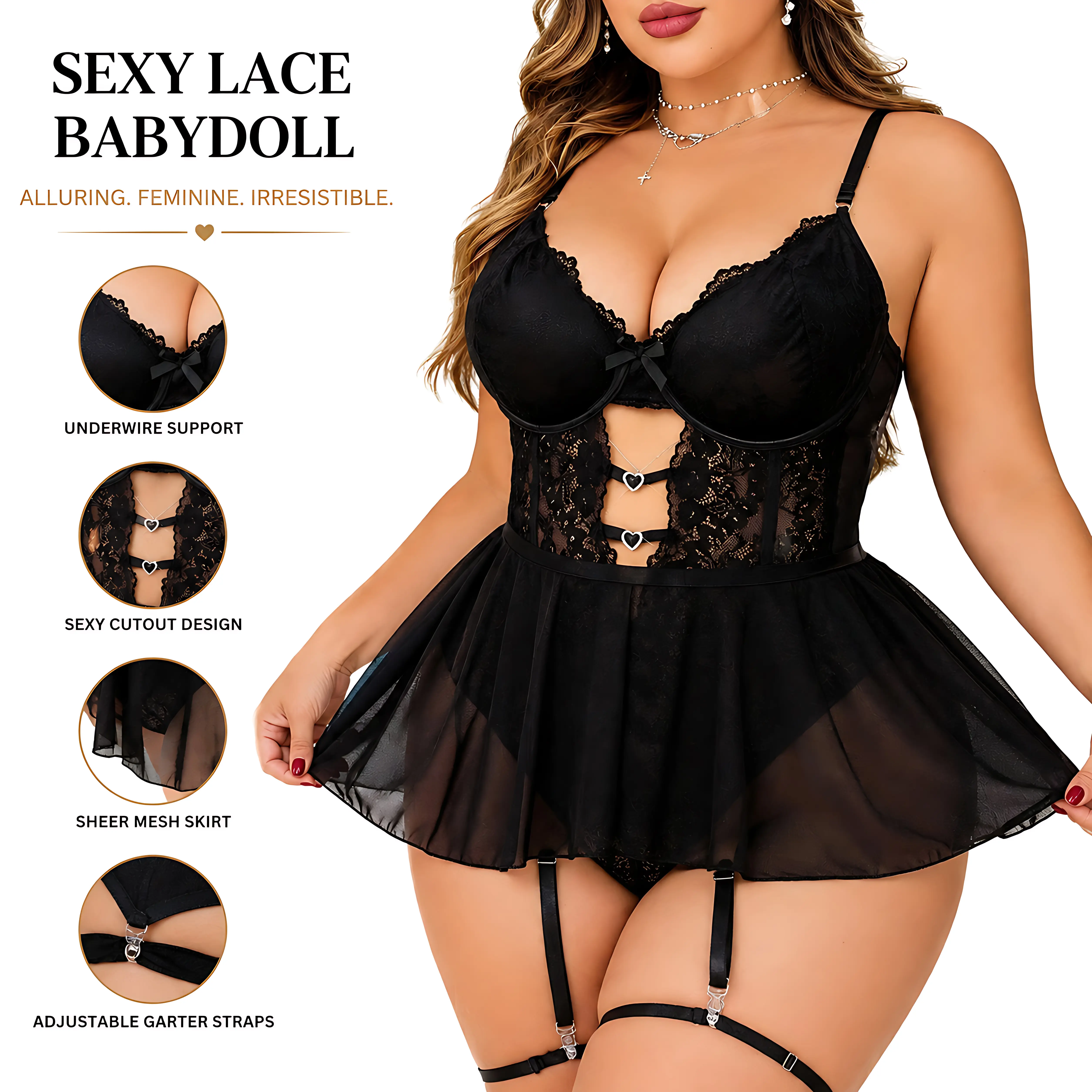 Women's Plus Size 4-Piece Polyester Floral Lace Mesh Teddy Bodysuit Set - Bra, Panty, Mini Skirt, Babydoll Dress Lingerie for Wedding Boudoir Sleepwear, Lingerie Set sohochic