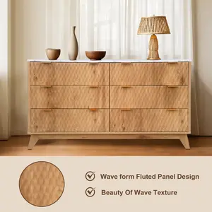 54-Inch Modern Curved Drawer, Fluted 6 Drawer Dresser with Faux Marble Top, Chest of Drawers, Freestanding Wooden Dresser for Bedroom, Living Room, Hallway