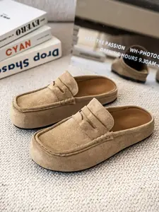 Unisex PU Leather Mule Slippers, Casual Lace-Up Style, Comfortable Breathable Rubber Sole, Medium Width, All-Season Daily Footwear for Men and Women
