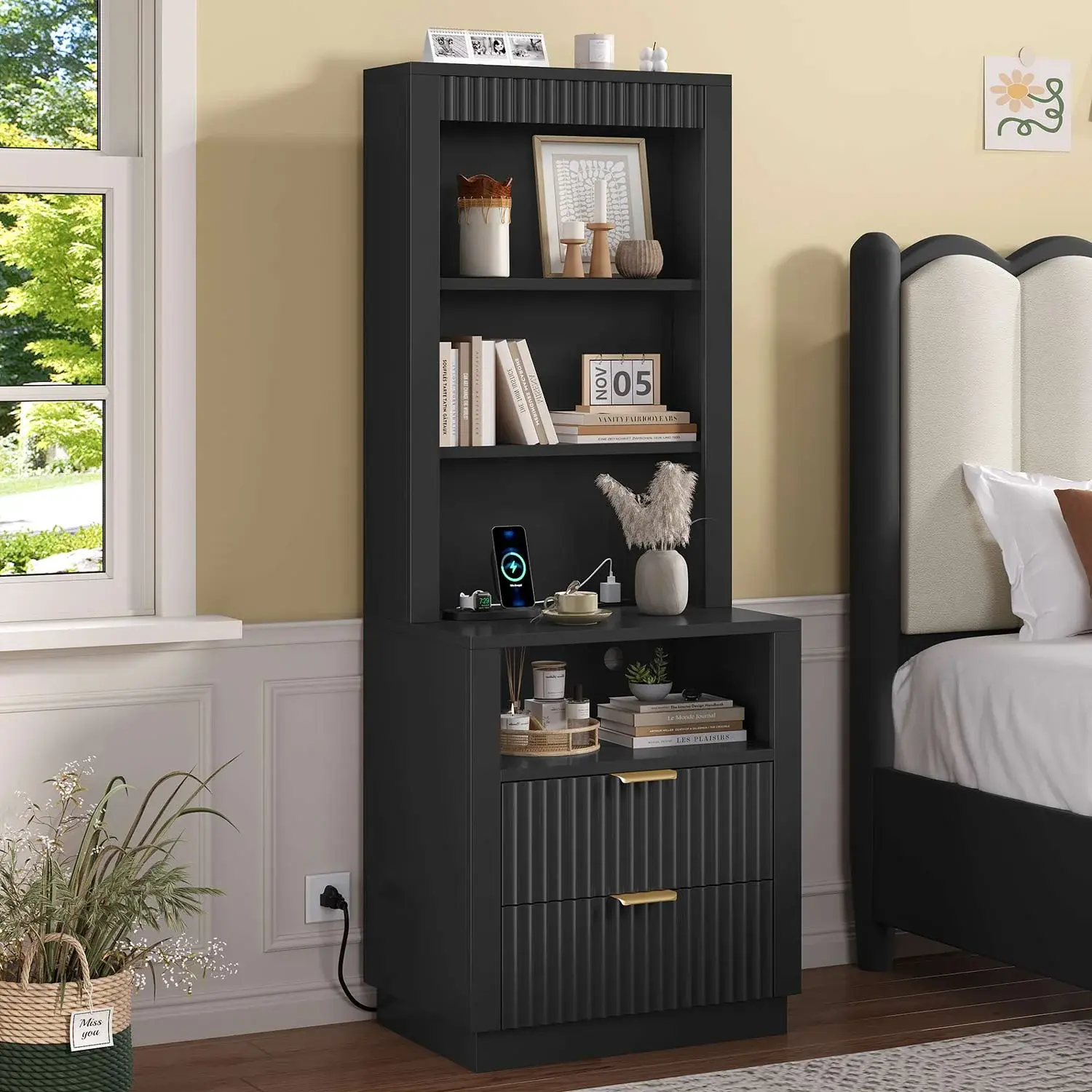 Tall Fluted Nightstand with Drawers and Charging Station Black