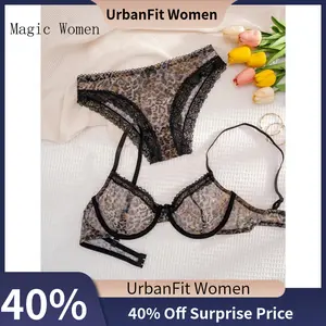 【UrbanFit Women】1 Set Women's Leopard Print Lace Trim Underwire Thin Cup Comfortable Bra and Panty Set