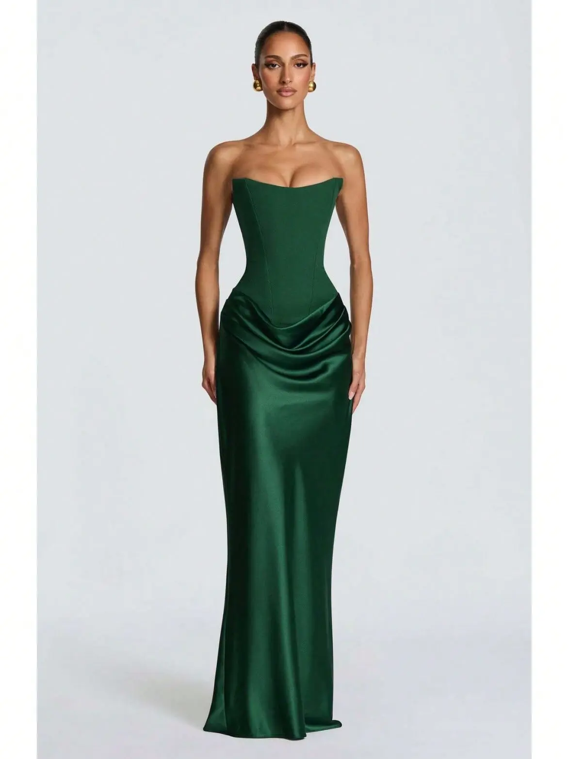 Women’s Strapless Corset Satin Maxi Dress with Choker - Ruched Waist Formal Evening Gown, satin evening gown, formal maxi dress, ruched waist dress, choker dress women