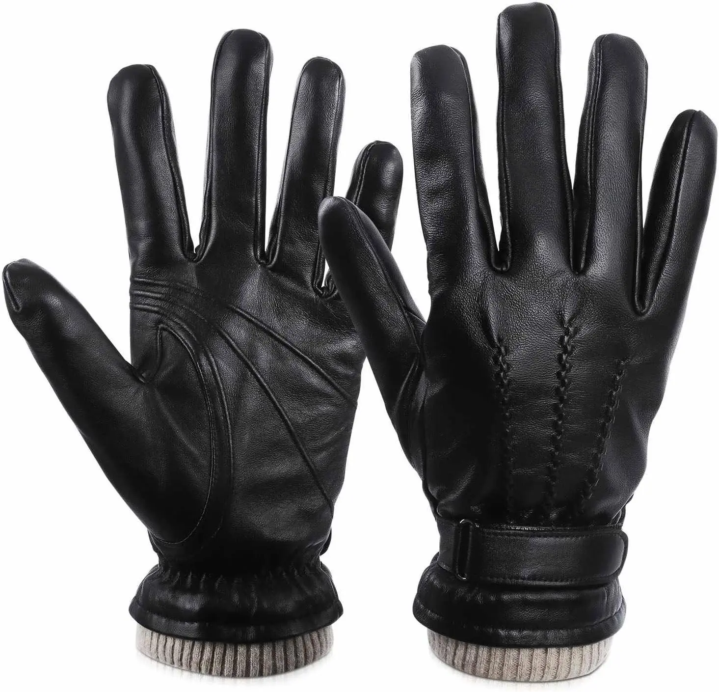 Mens Winter Gloves: Touchscreen Wool Lined Thermal Leather Gloves, Warm Gift for Father, Husband - Black