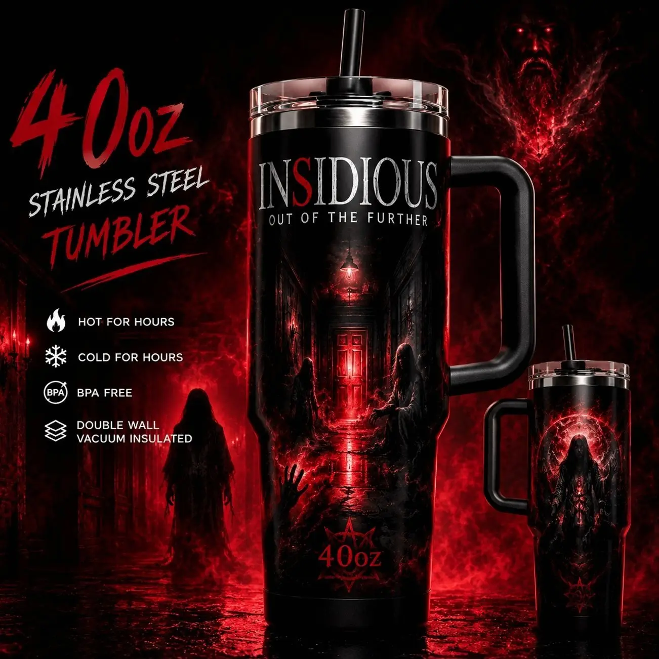 40oz Insidious: Out of the Further Horror Tumbler with Handle & Straw, Red Black Supernatural Movie Inspired Stainless Steel Travel Cup, Spooky Gift for Horror Fans