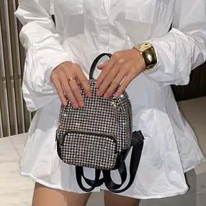 Acrylic Rhinestone Backpack for Women, Sparkling Diamond Pattern, Elegant Casual School Bookbag, Durable Zipper Closure, Solid Color, Lining, Do Not Wash - Black/Golden