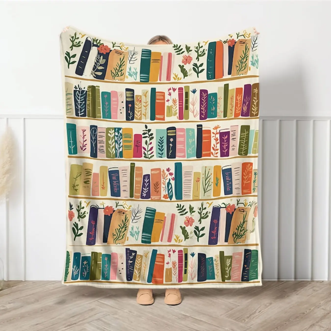 Vintage Bookshelf Library Plush Blanket, Cottagecore Wildflower Flannel Fleece Throw Blanket, Soft Cozy Blanket for Book Lovers, Reader Gift, Couch, Sofa & Bed, All-Season Home Decor, Christmas Present