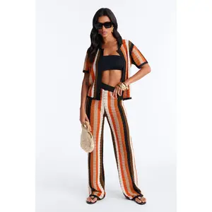 Lisa Crochet Wide Leg Pant Set - Orange/combo