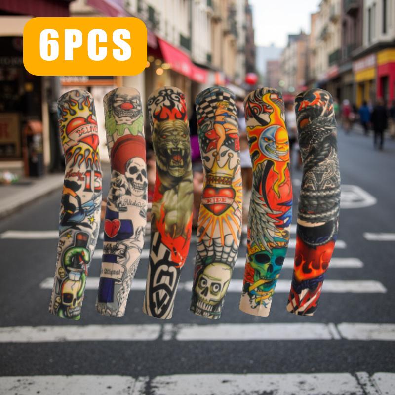 Super Value 10 PCS Set 4 PCS Camouflage Beanie Skull Caps  + 6 PCS Temporary Tattoo Ice Silk Arm Sleeves Sun Protection Breathable Quick Dry Helmet Liner Caps and Cool Arm Sleeves for Men Women Summer Essential Accessories