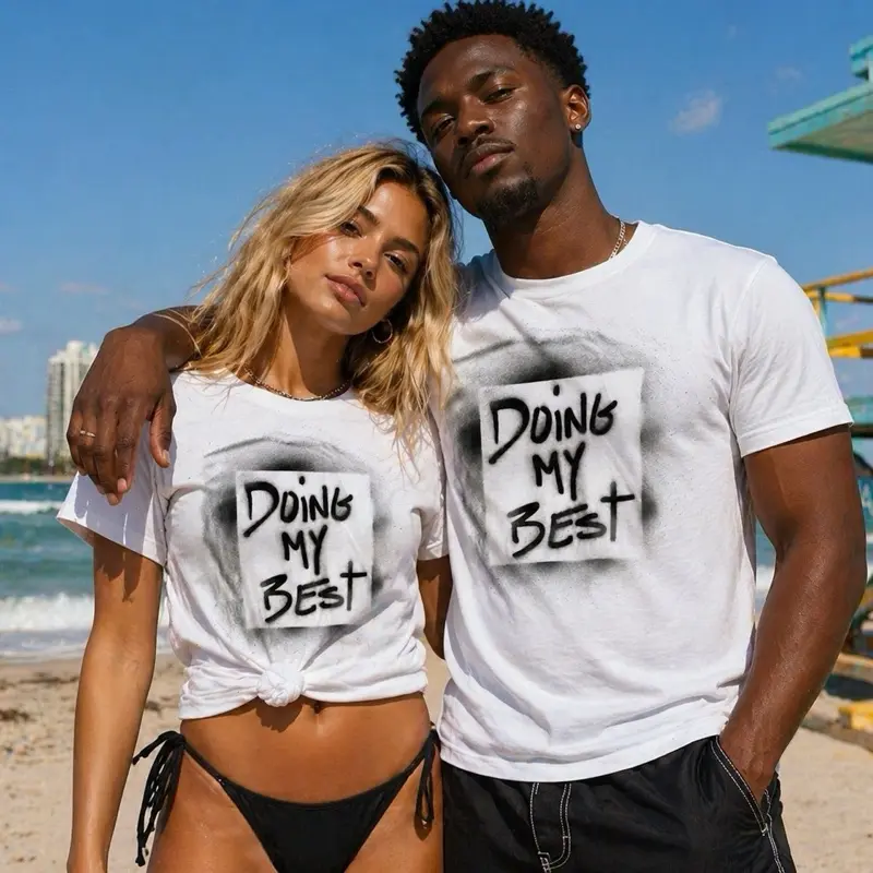 Queens88 Men’s Unisex Doing My Best Handmade Stenciled T-Shirt - One-of-One Eco-Friendly Wearable Art Graphic Tee Streetwear Beachwear