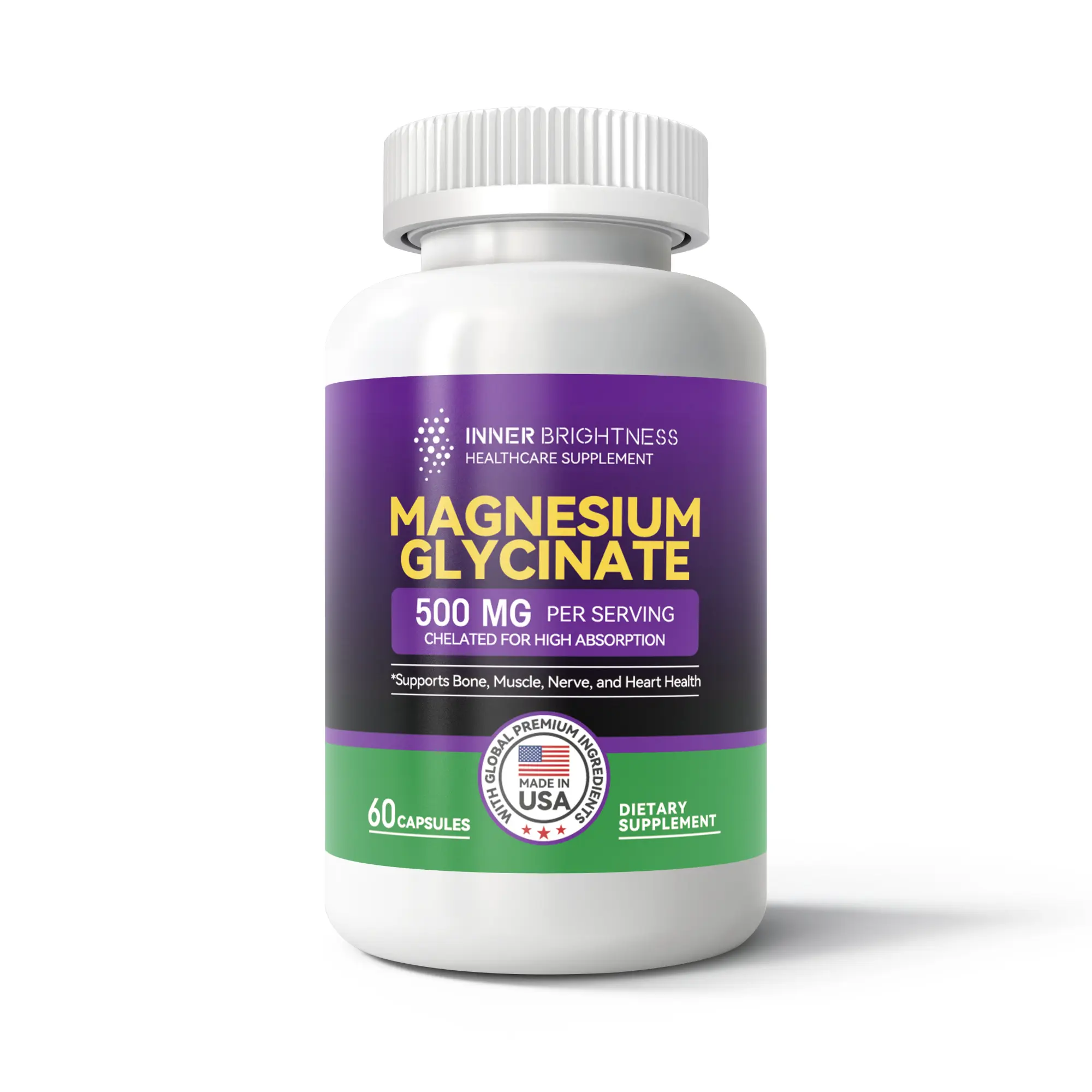Magnesium Glycinate Capsules - Only 500mg Magnesium Glycinate, Inner Brightness Magnesium Supplement for Sleep, Immune & Bone Support and Heart - Non-GMO, Gluten-Free, Gentle on Stomach - 60 Vegetarian Capsules