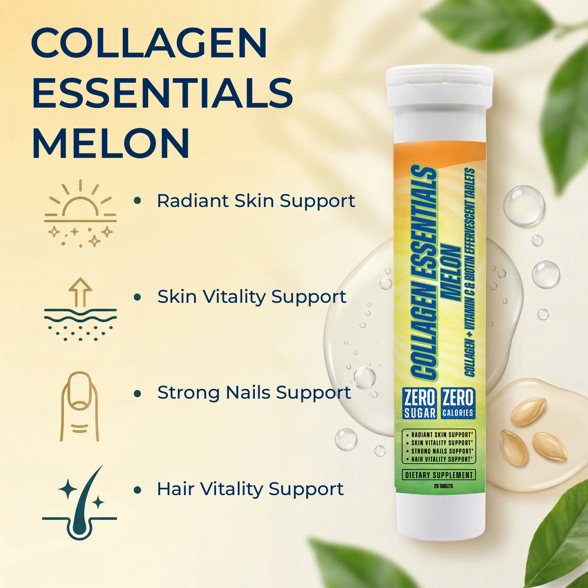 Collagen Peptides Effervescent Tablets (4 Tubes, 80 Tablets) - Peach-Melon Combo, Vitamin C, Hydration Electrolytes, Beauty Products Support for Skin Hair Nails, 0 Sugar, Energy Boost