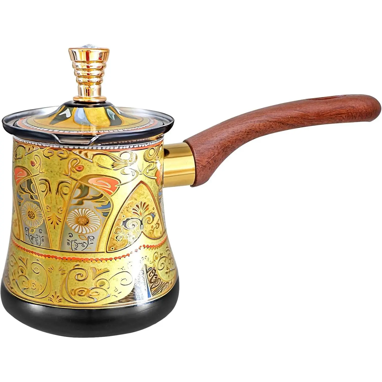 550ml Turkish Handcrafted Steel Coffee & Tea Pot with Wooden Handle - Induction & Stove Top Compatible, Quick Even Heating, Multifunctional Food Warmer (Black & Gold)
