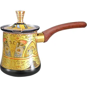 Turkish Arabic Coffee Pot with Wooden Handle,Stove Top Water Boiler, Coffee Maker, Butter, Chocolate & Milk Warmer,Even and Quick Heat with Handcrafted Metal Material (Black and Gold)