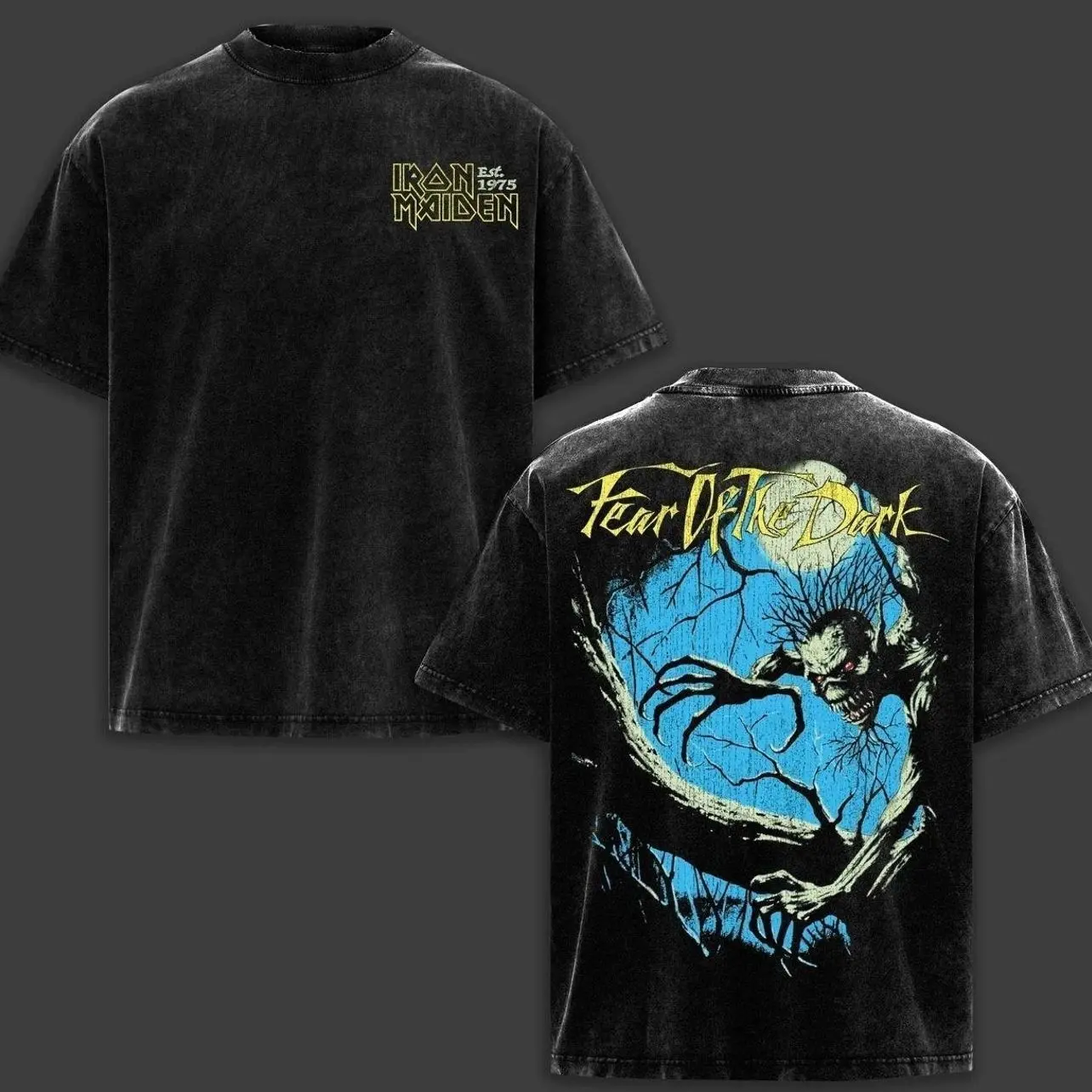 Vintage Iron Maiden Fear of the Dark Washed Tee, 1992 Heavy Metal Graphic Shirt, Menswear Gift for Music Fans, Oversized Heavyweight Cotton T-Shirt Featuring Epic Night Stalker Design B8K MWS