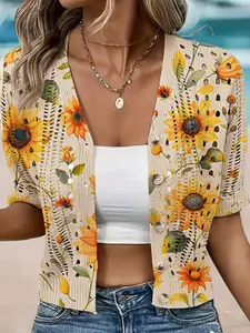 Spring Summer V Neck Sunflower Print Knit Short Sleeve Cardigan, Boho Vacation Style, Casual Elegant Commuter Outerwear, Bikini Cover-Up