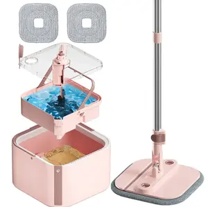 Saker Square Spin Mop Upgraded Version Pink with Replaceable Microfiber Mop Pad, Spin Mop (Replacement Cloth * 2) Cleaning Set