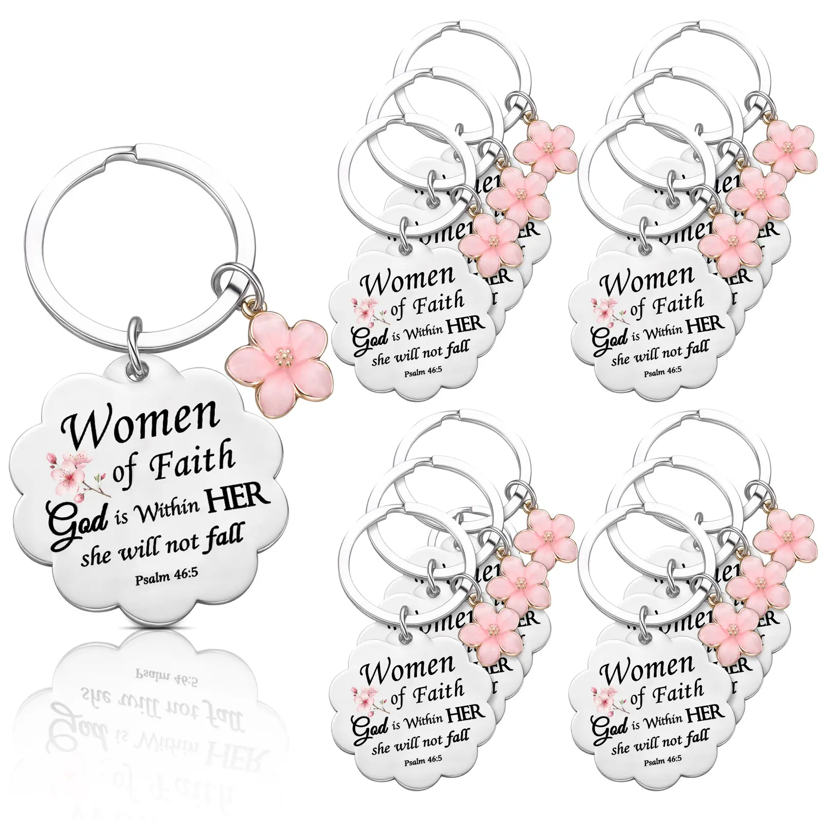 Christian Gifts Keychain Bulk for Women Church Religious Bible Verse Keychain with Charm and Sakura Women of Faith Christian Baptism Favors with Thank You Cards Bags for Church Party Favors Stocking Stuffers