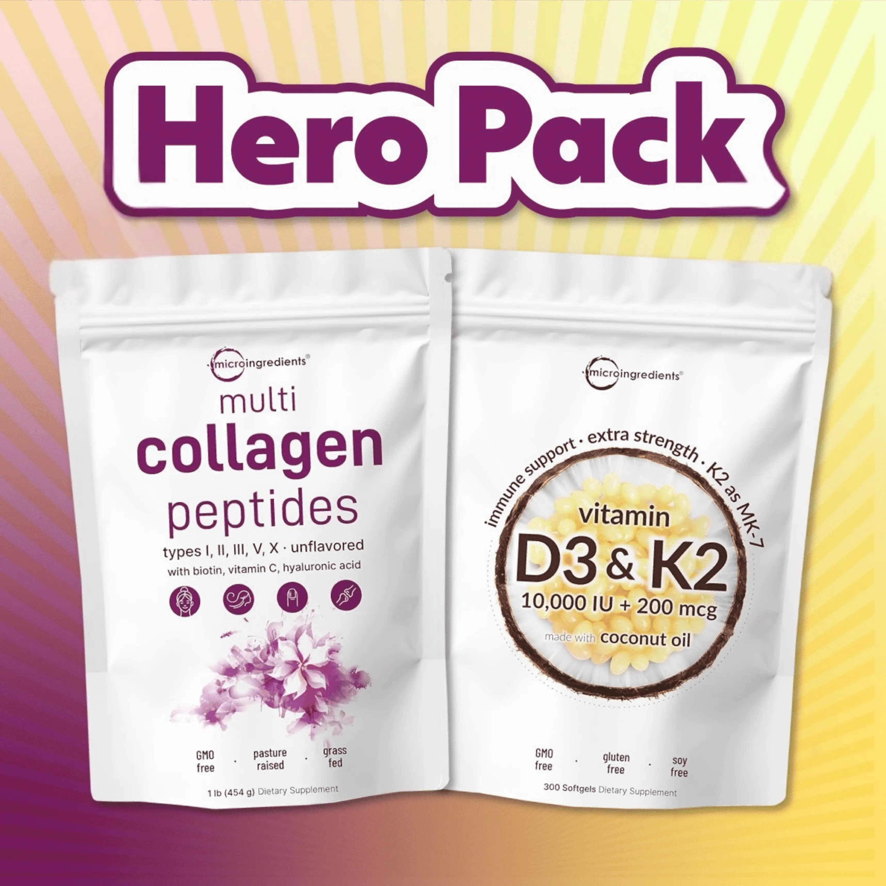 Micro Ingredients Hero Pack: Multi Collagen Peptides Powder 1LB & Vitamin D3 K2 10000IU 300 Softgels
