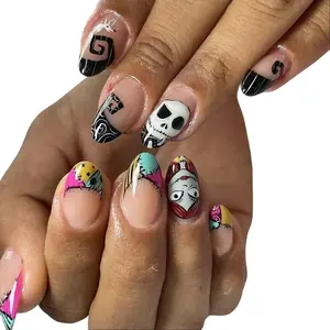 24 Pcs Halloween Press on Nails Short Almond Fake Nails Multi Colored Checkered Little Witch Acrylic Nails with Black White Skull Designs Glossy