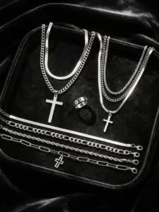 10-Piece Stainless Steel Jewelry Set, Hip Hop Punk Cross Ring Necklace Bracelet, Casual Men's Accessories, Party Gift
