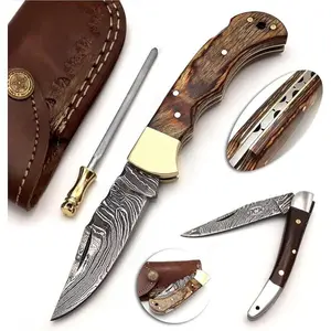 Pocket Knife 4 Pcs Set 6.5" Handmade Damascus Folding Knife Back lock knife Damascus Hunting Knife with Sheath Damascus Pocket Knife for men 100% Prime Quality camping Knife (Brown Wood)