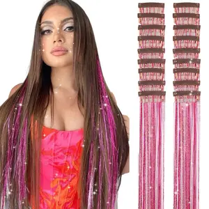 Clip in Hair Tinsel,Pack of 9 Pcs 24 Inch,Glitter Tinsel Hair Extensions 24 Inches, Festival Tinsel Fairy Hair Extension Party Dazzle Hair Accessories Strands Kit for Women Girls Kids