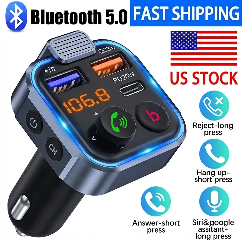 Bluetooth 5.3 Car FM Transmitter Fast Charger Adapter - 30W QC3.0, 20W PD USB Charging Ports, Smart Voice Navigation, 3.5mm Aux, Hands-Free Calling, LED Backlit, Smooth Streaming, Joystick, Car Accessories for Driving