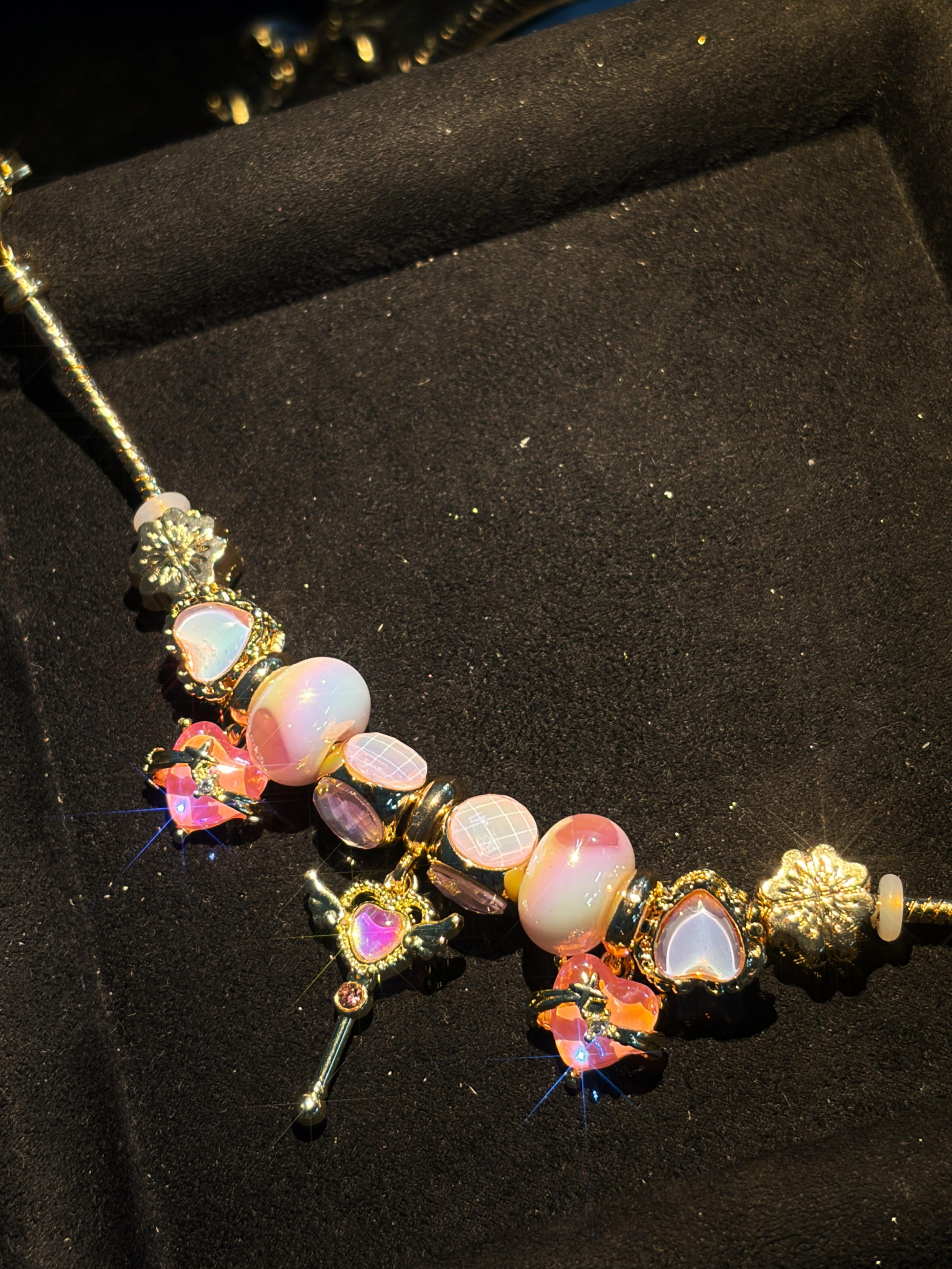 Women's Gold-Tone Magical Girl Snake Chain Bracelet, Adjustable Extension Chain, Enamel Magic Wand Heart Flower Dangle Pendants, Iridescent Pink-Orange Glass Beads, Stackable Costume Jewelry for Daily Party Gifting