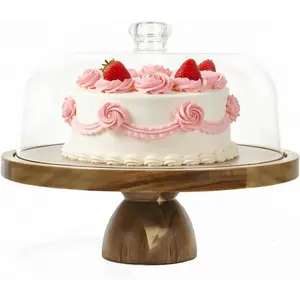 Wood Cake Stand with Lid, 2-In-1 12in Round Cake Plate with Acrylic Lid, Dessert Table Display Set, Raised Dome for Charcuterie Board, Cheese, Chips, Dips, Nachos and Fruit Platter