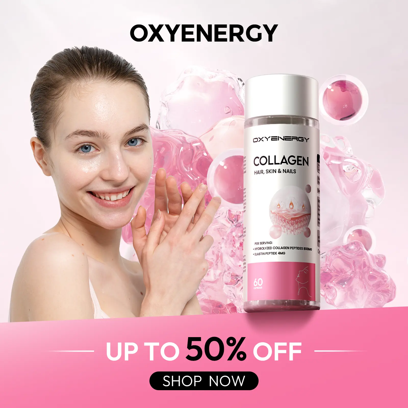 Oxyenergy Collagen Beauty Capsules for Skin Hair & Nails Dual Peptides Marine Collagen 60 Capsules Bottle US Healthcare Dietary Supplement Edible Fitness  Colagen