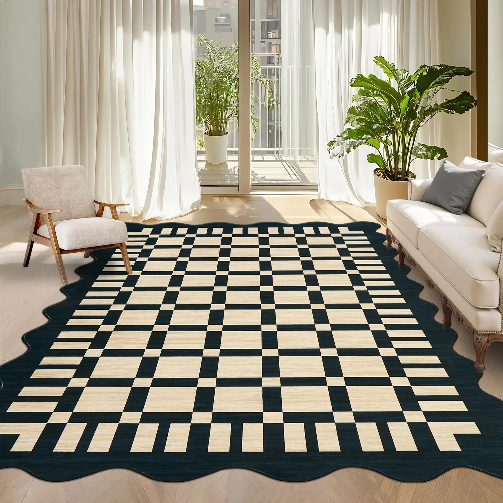 Garvee Washable Checkerboard Large Area Rug with Scalloped Edge - Non-Slip Accent Carpet for Living Room, Bedroom, Entryway & Kitchen - Brown, 10x13 ft (305x396 cm)