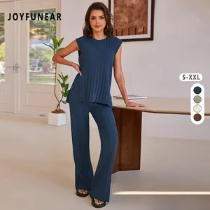 Joyfunear Solid Two-piece Knitted Sweater Set Summer Sleeveless Knitted Pullover Top High Waisted Casual Pants Set For Women 2025 New Arrival Breathable Clothes